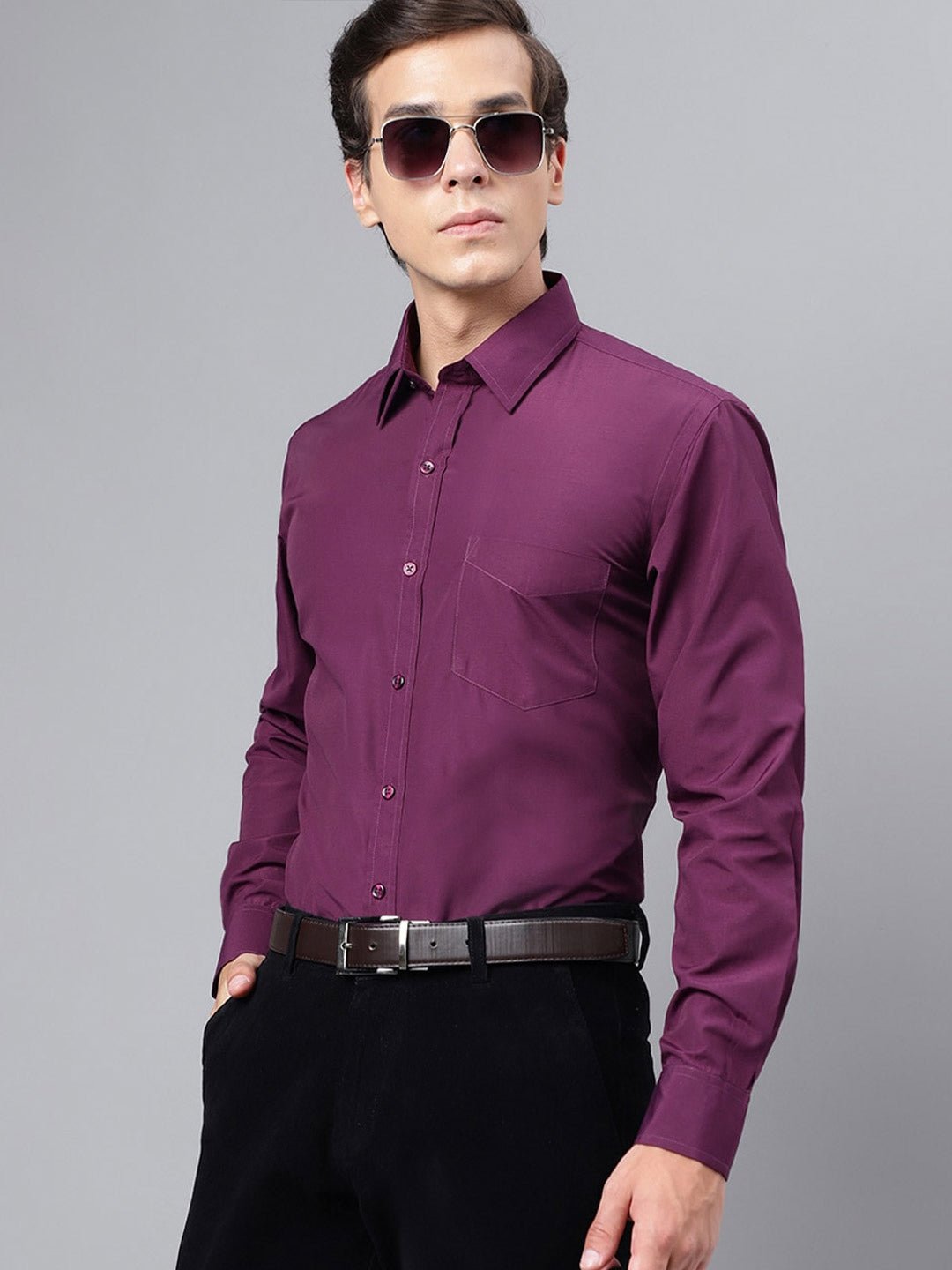 Men Purple Solid Rich Cotton Slim Fit Formal Shirt - #folk republic#