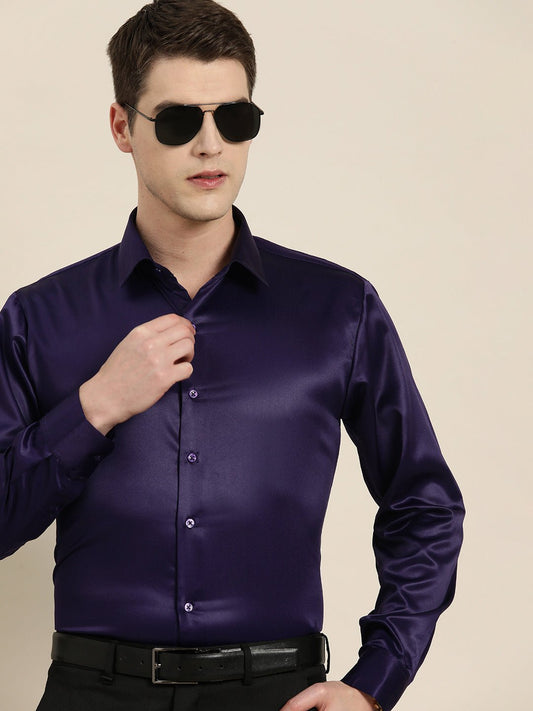Men Purple Solid Satin Tuxedo Slim fit Party Shirt - #folk republic#