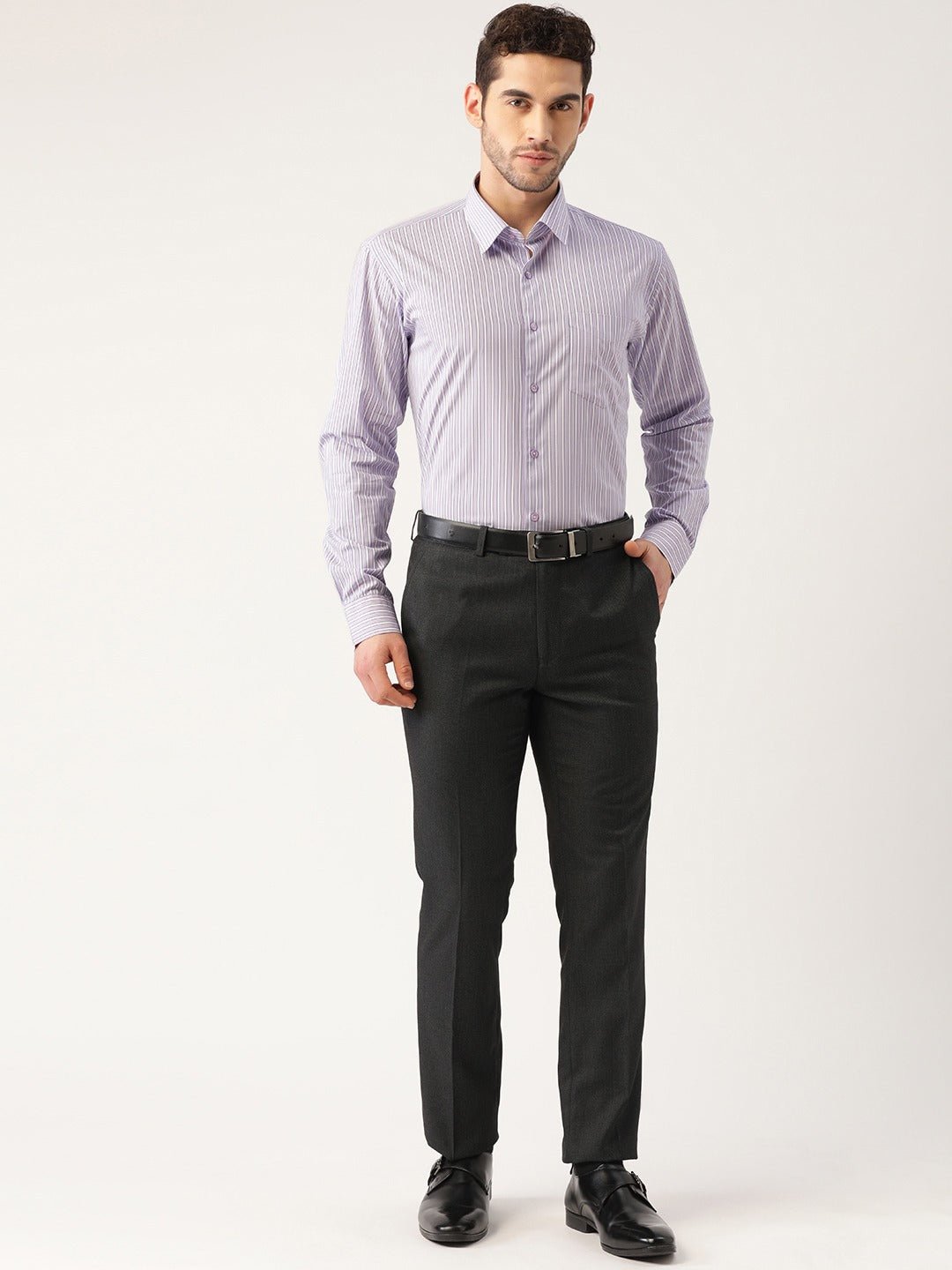 Men Purple Stripes Pure Cotton Slim Fit Formal Shirt - #folk republic#