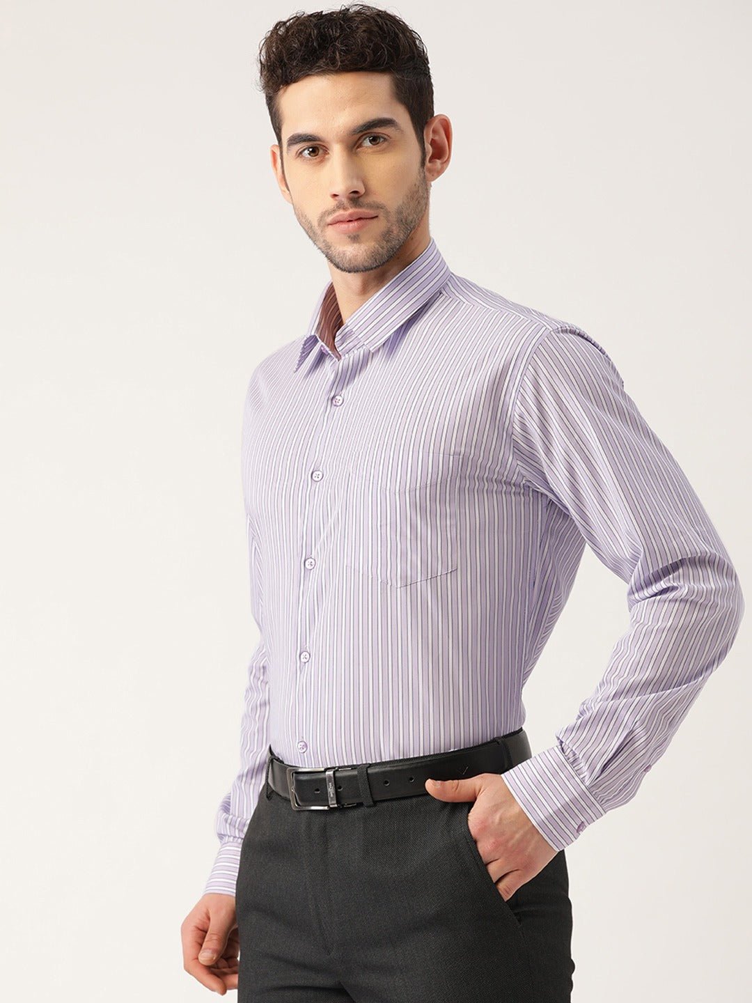 Men Purple Stripes Pure Cotton Slim Fit Formal Shirt - #folk republic#