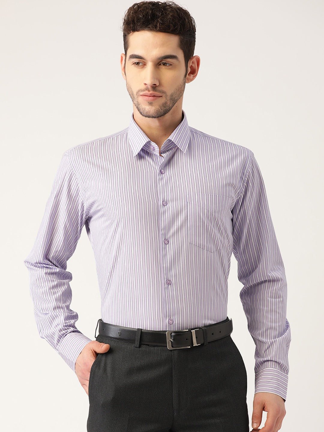 Men Purple Stripes Pure Cotton Slim Fit Formal Shirt - #folk republic#