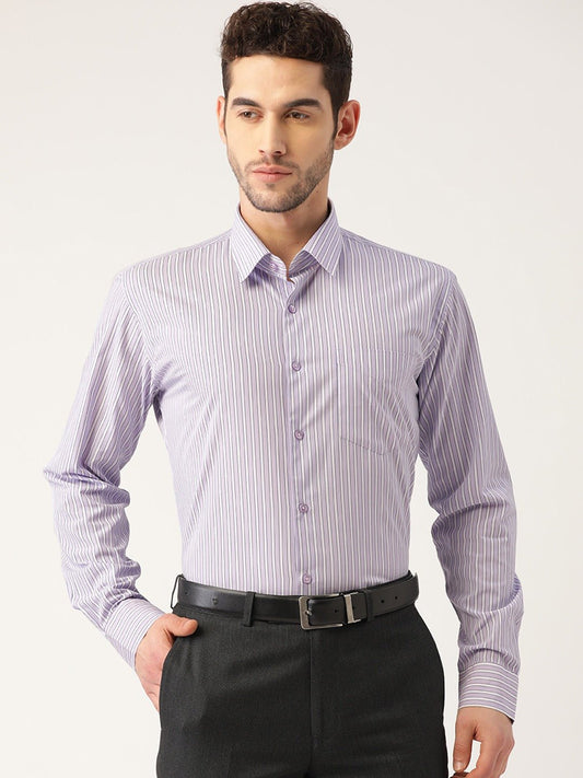 Men Purple Stripes Pure Cotton Slim Fit Formal Shirt - #folk republic#
