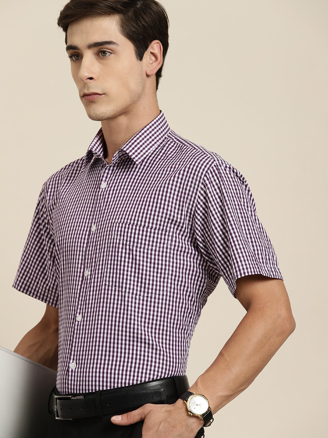 Men Purple & White Gingham Check Short Sleeve Slim fit Formal Shirt - #folk republic#