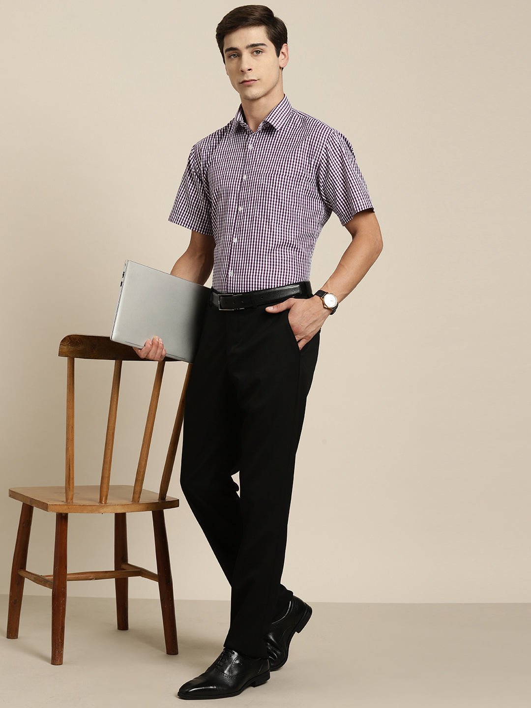 Men Purple & White Gingham Check Short Sleeve Slim fit Formal Shirt - #folk republic#