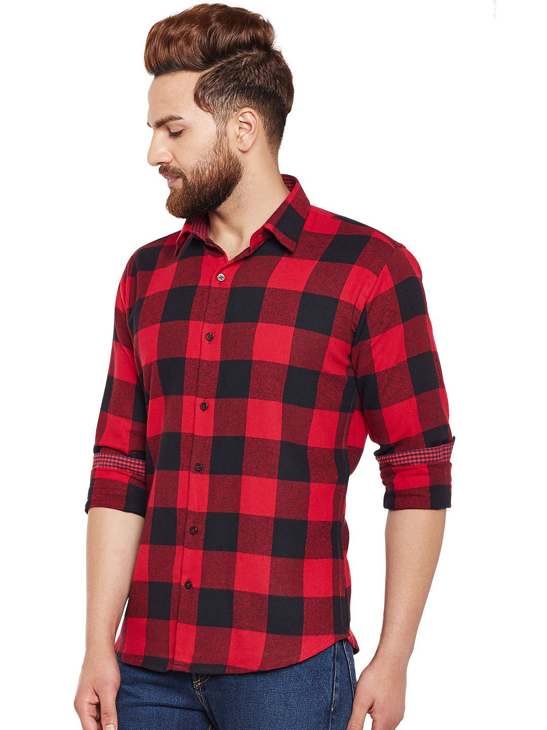 Men Red & Black Buffalo Checked Pure Cotton Slim Fit Casual Shirt - #folk republic#