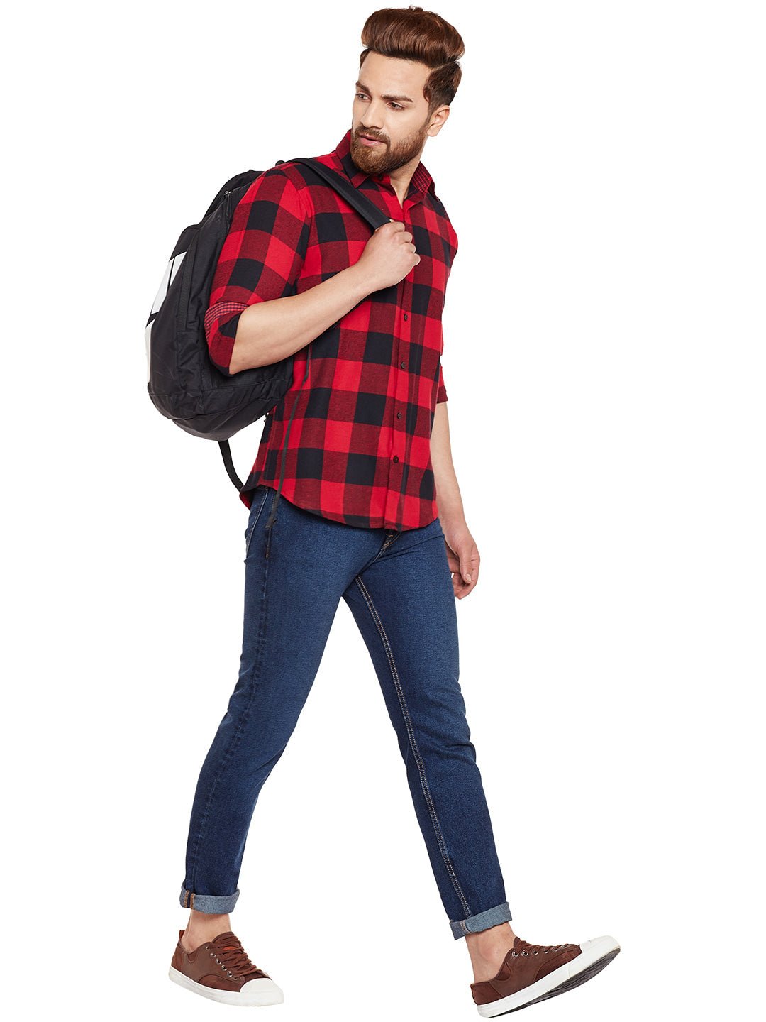 Men Red & Black Buffalo Checked Pure Cotton Slim Fit Casual Shirt - #folk republic#
