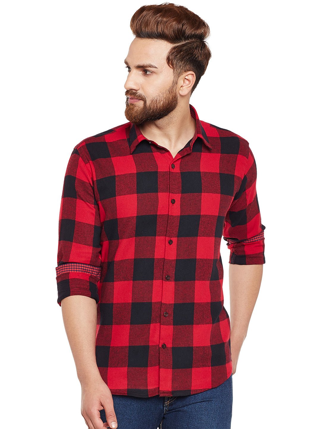 Men Red & Black Buffalo Checked Pure Cotton Slim Fit Casual Shirt - #folk republic#