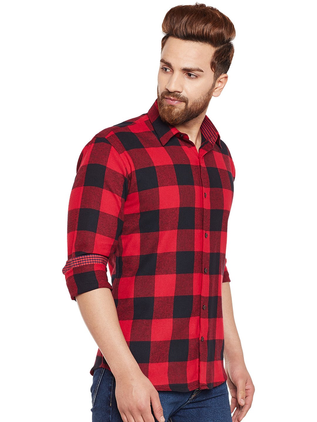 Men Red & Black Buffalo Checked Pure Cotton Slim Fit Casual Shirt - #folk republic#