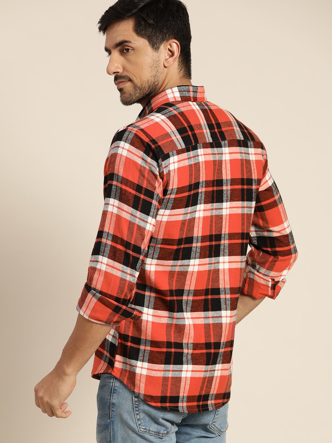 Men Red & Black Checked Pure Cotton Slim Fit Casual Shirt - #folk republic#