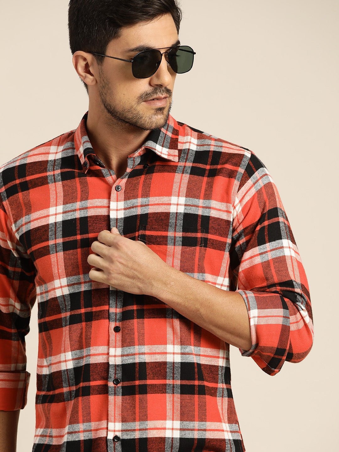 Men Red & Black Checked Pure Cotton Slim Fit Casual Shirt - #folk republic#