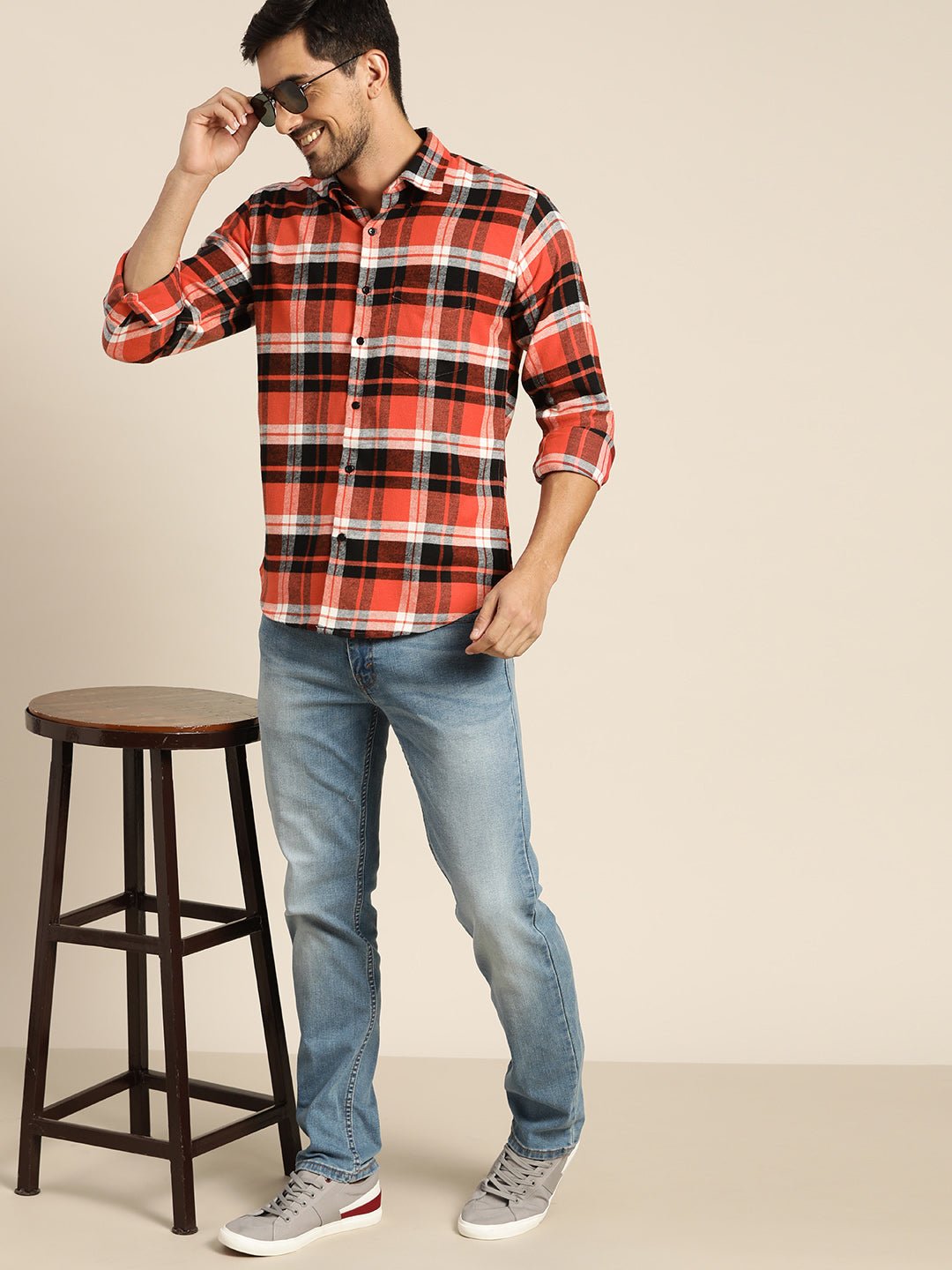 Men Red & Black Checked Pure Cotton Slim Fit Casual Shirt - #folk republic#