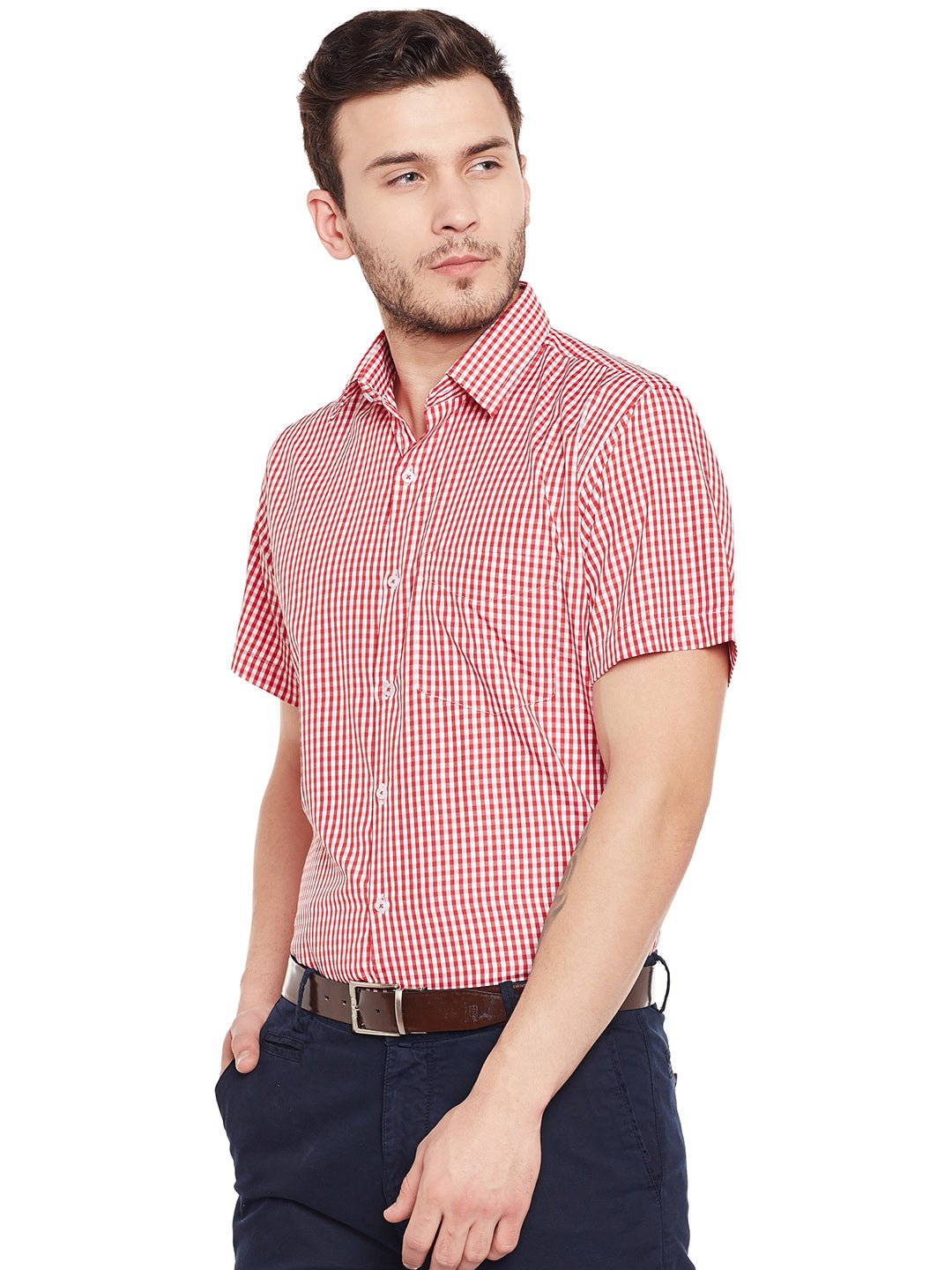Men Red Checked Slim Fit Formal Shirt - #folk republic#