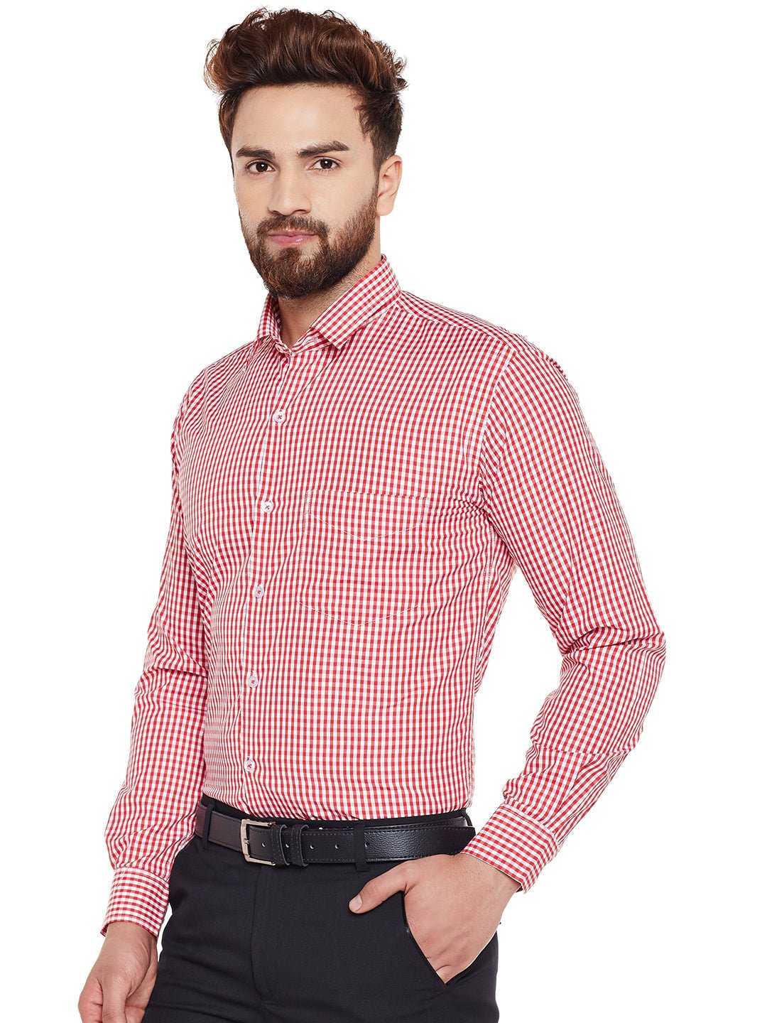 Men Red Checked Slim Fit Formal Shirt - #folk republic#