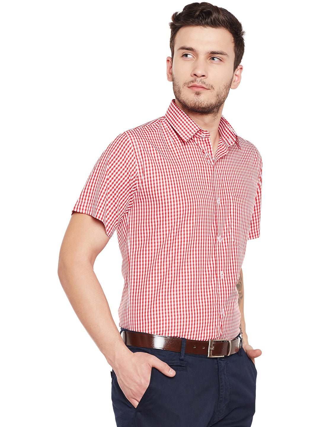 Men Red Checked Slim Fit Formal Shirt - #folk republic#