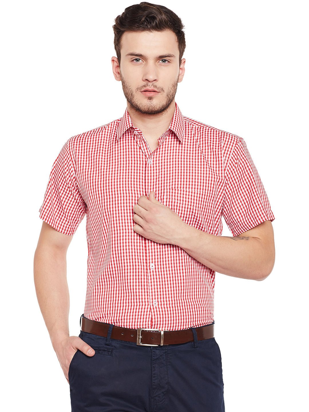 Men Red Checked Slim Fit Formal Shirt - #folk republic#