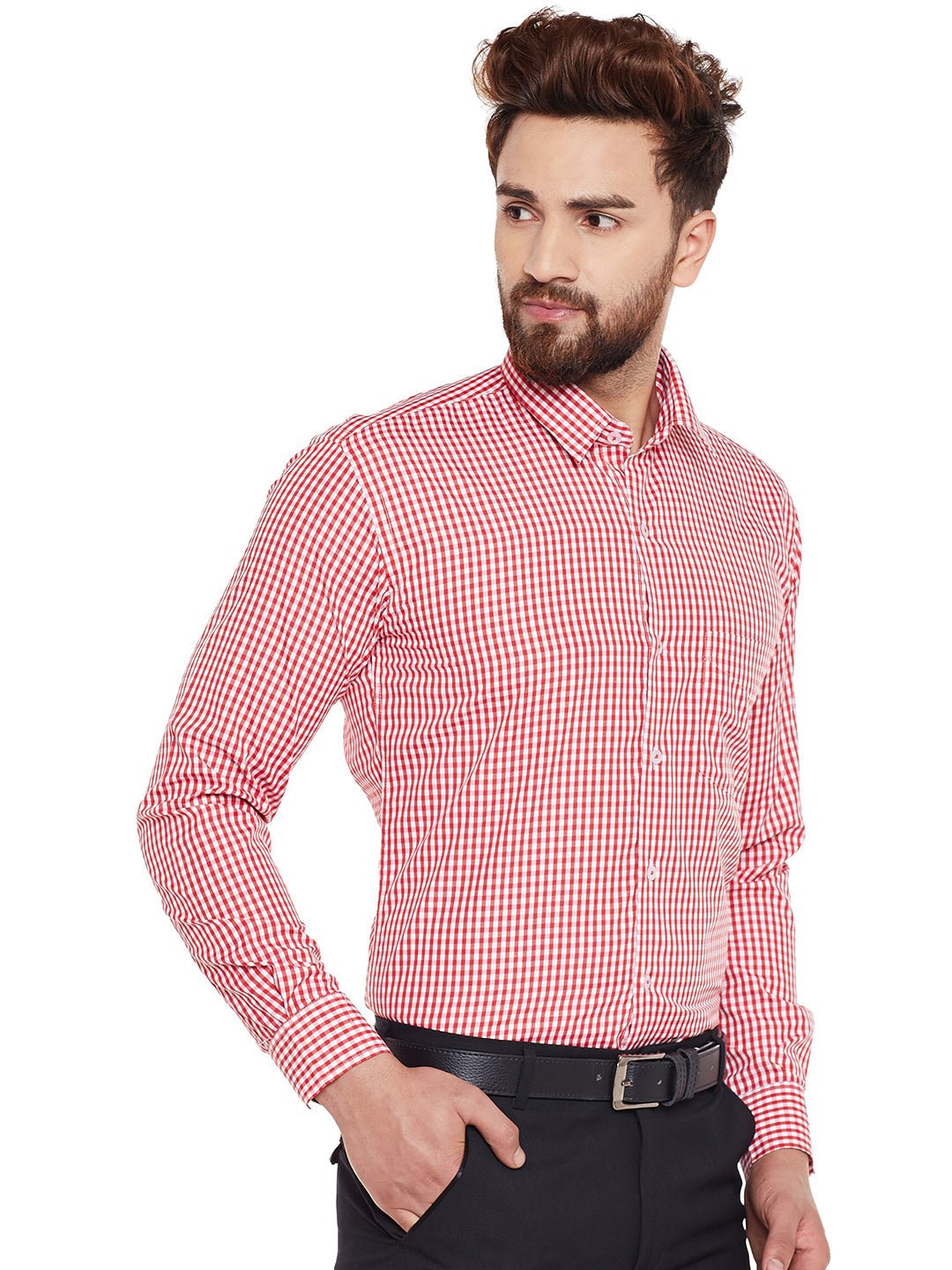 Men Red Checked Slim Fit Formal Shirt - #folk republic#