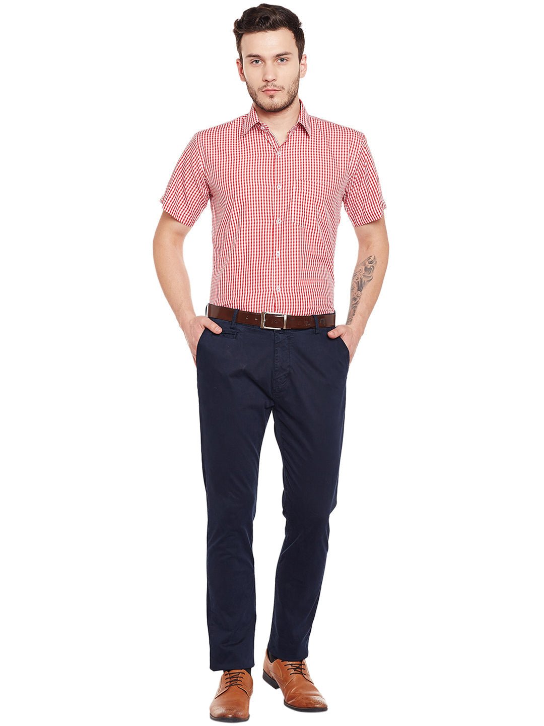 Men Red Checked Slim Fit Formal Shirt - #folk republic#