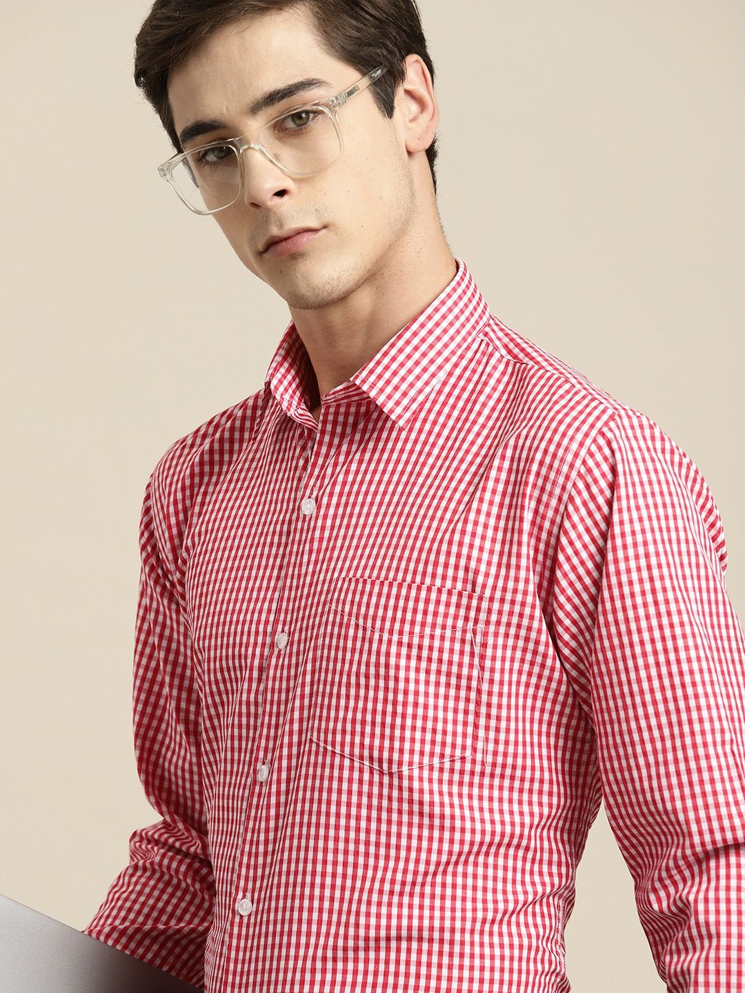 Men Red Gingham Check Cotton Rich Slim fit Formal Shirt - #folk republic#