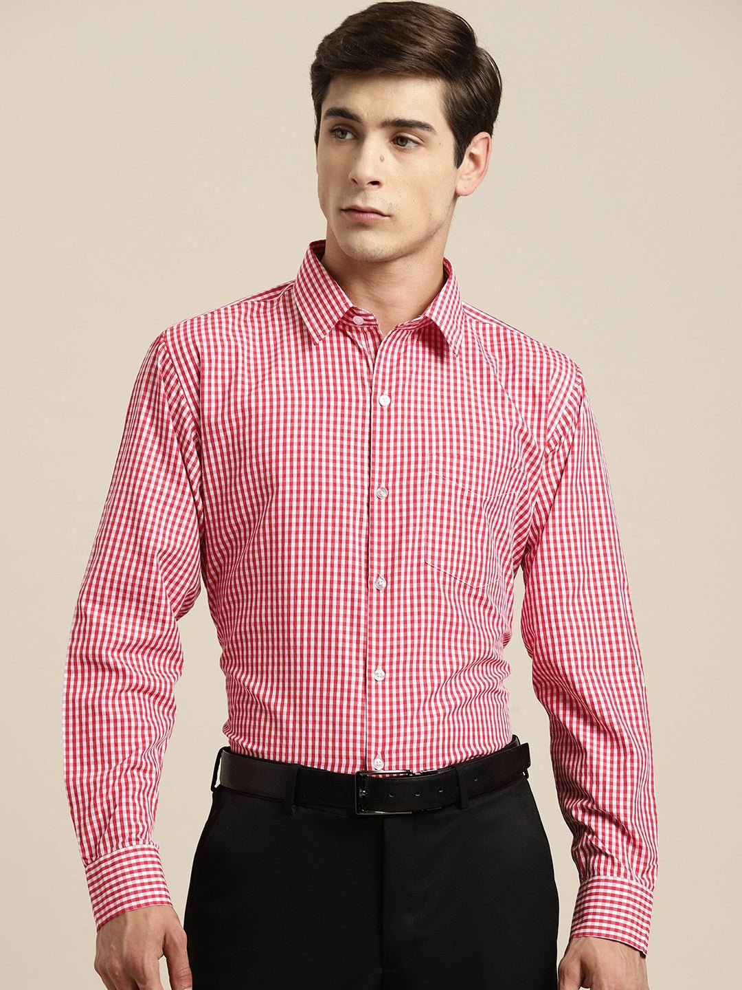 Men Red Gingham Check Cotton Rich Slim fit Formal Shirt - #folk republic#