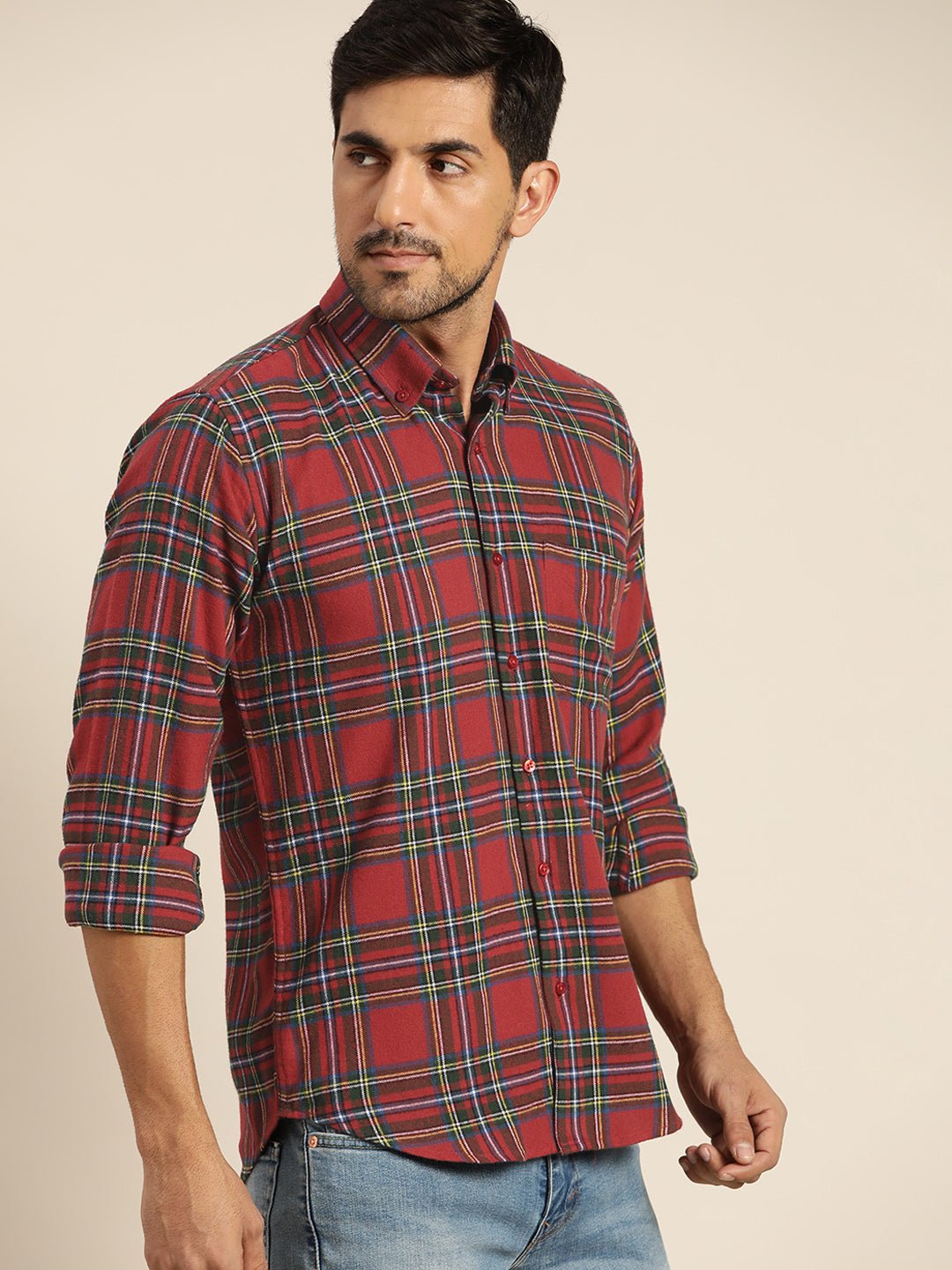 Men Red & Green Checked Pure Cotton Slim Fit Casual Shirt - #folk republic#