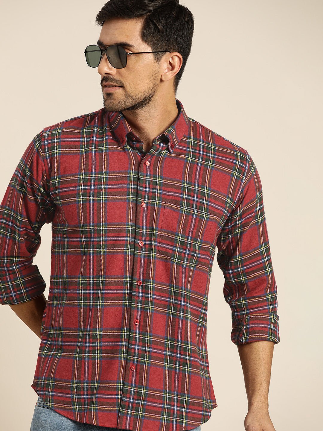Men Red & Green Checked Pure Cotton Slim Fit Casual Shirt - #folk republic#