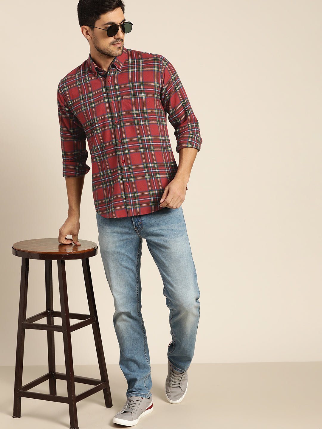 Men Red & Green Checked Pure Cotton Slim Fit Casual Shirt - #folk republic#