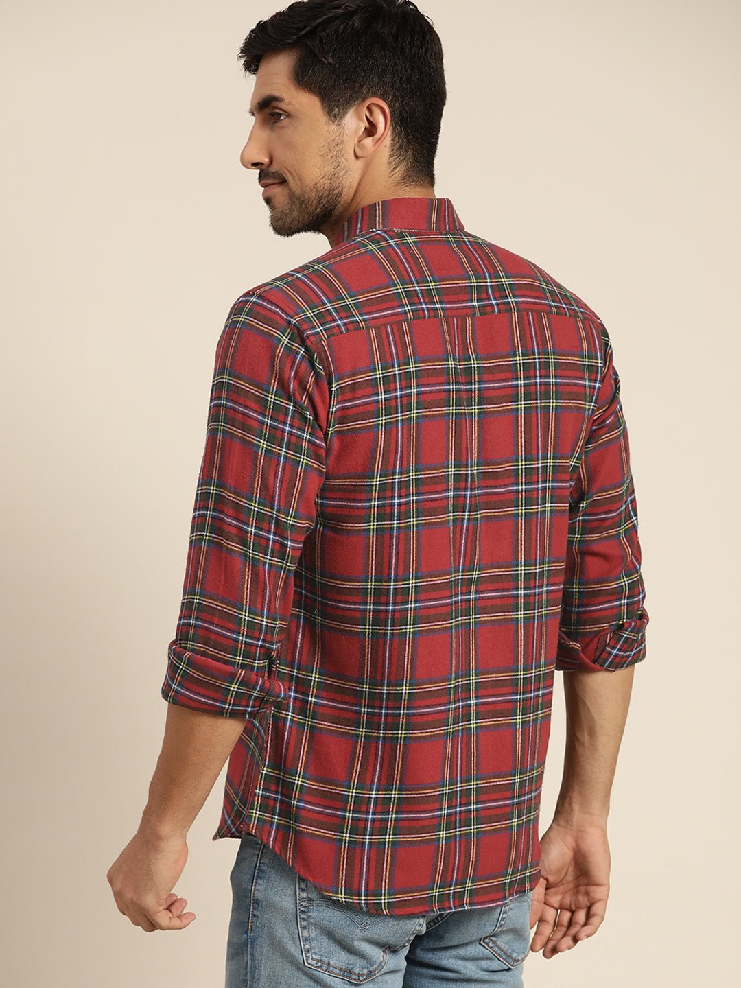 Men Red & Green Checked Pure Cotton Slim Fit Casual Shirt - #folk republic#