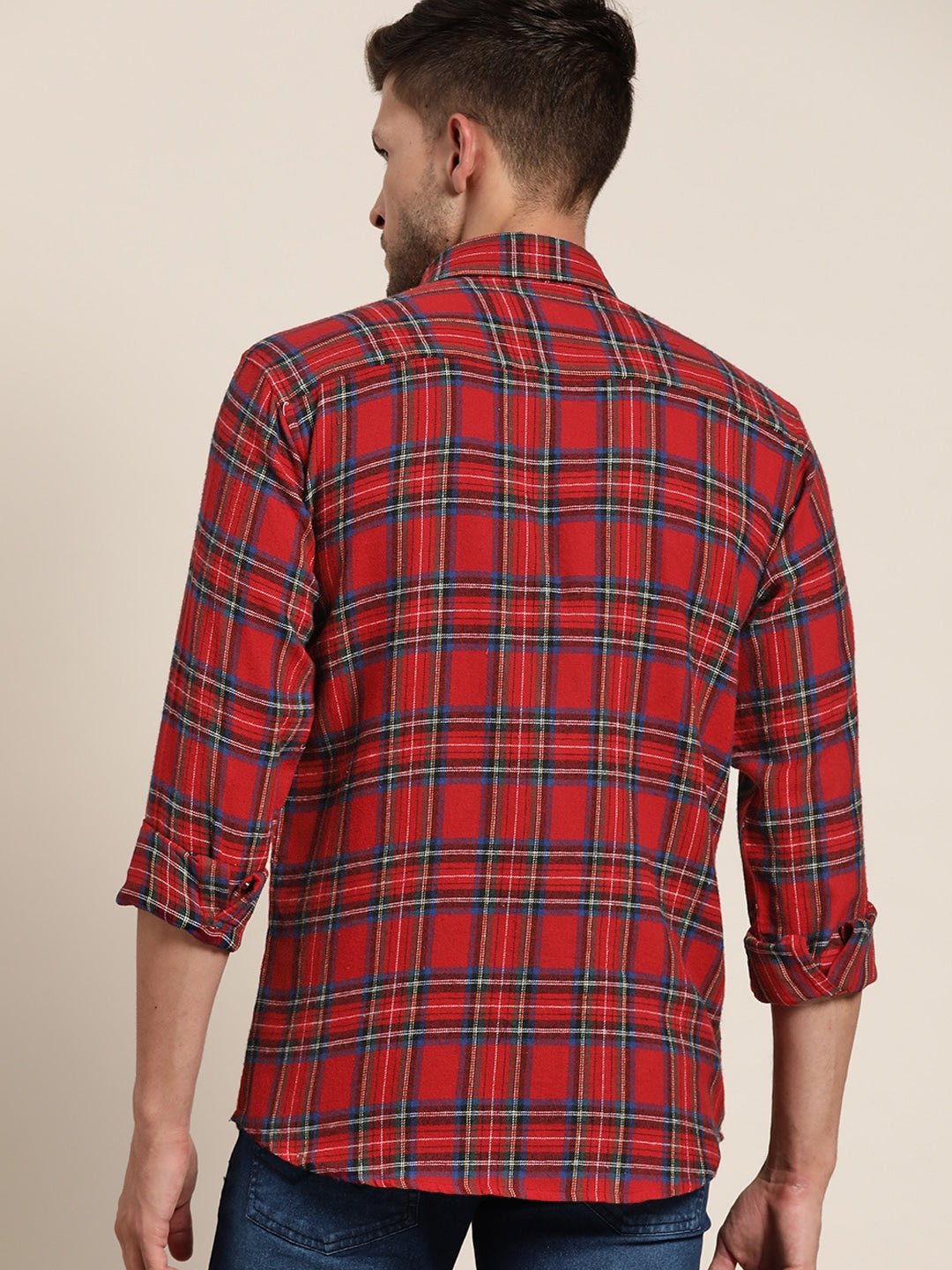 Men Red & Navy Checked Pure Cotton Slim Fit Casual Shirt - #folk republic#