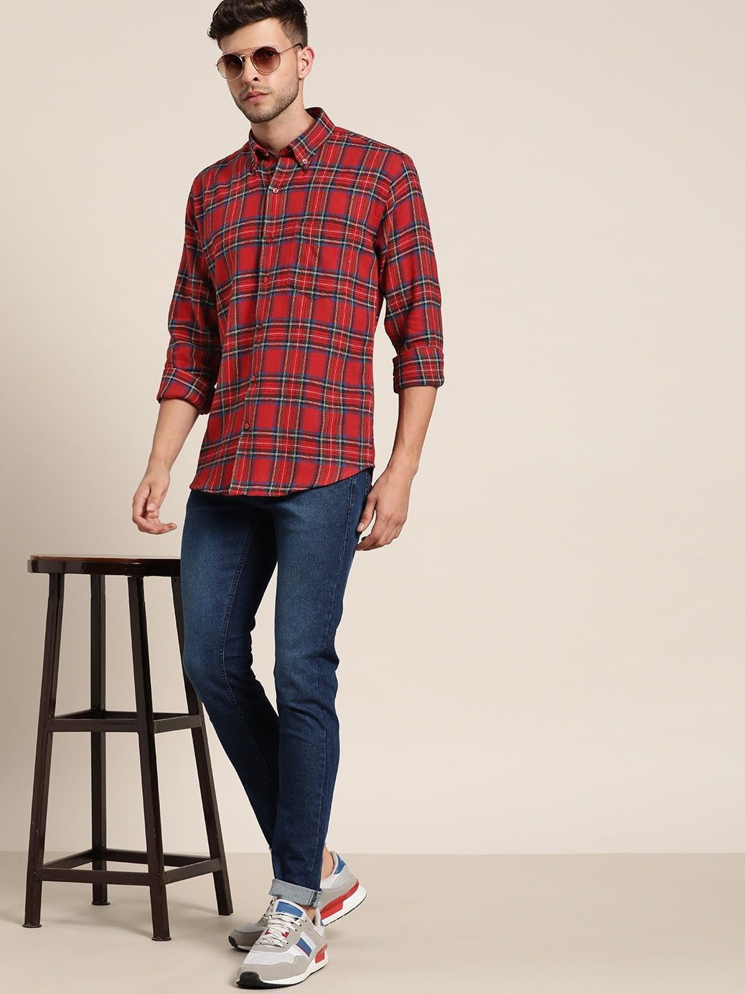 Men Red & Navy Checked Pure Cotton Slim Fit Casual Shirt - #folk republic#