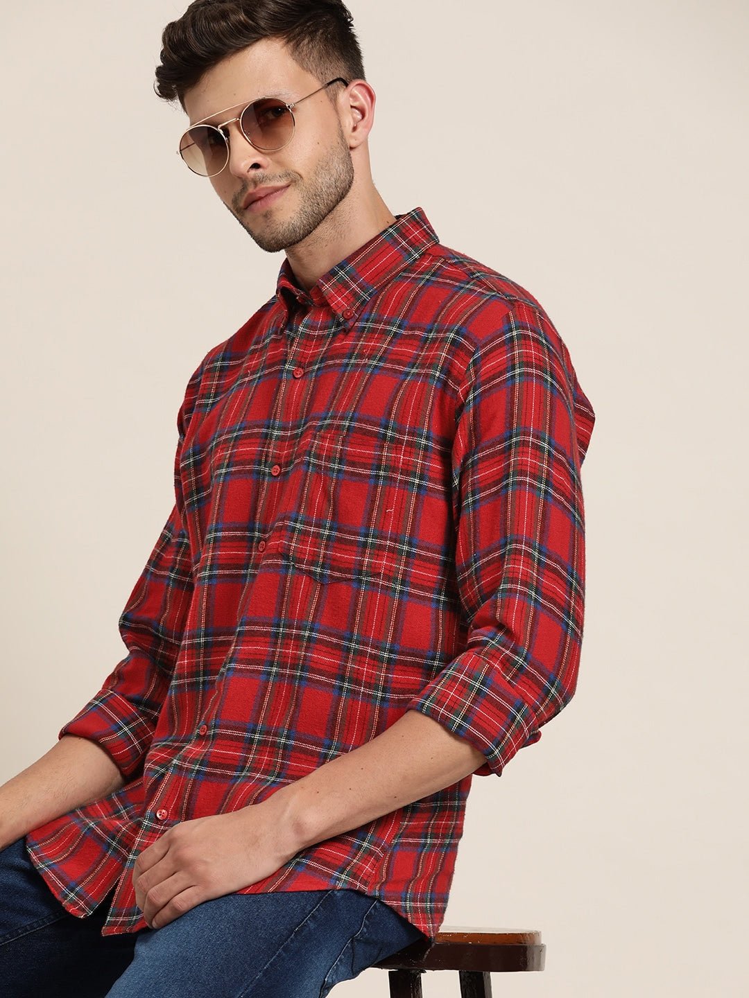 Men Red & Navy Checked Pure Cotton Slim Fit Casual Shirt - #folk republic#