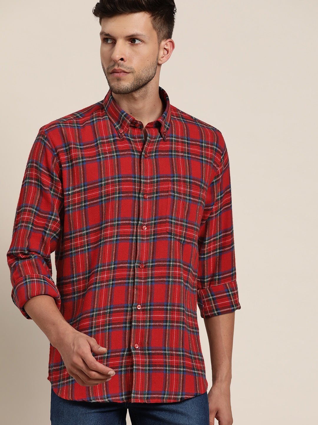 Men Red & Navy Checked Pure Cotton Slim Fit Casual Shirt - #folk republic#