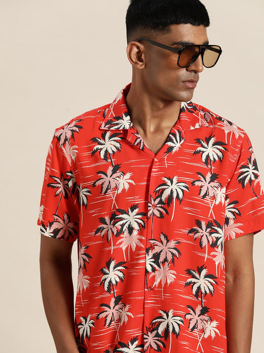 Men Red Print Viscose Rayon Relaxed Fit Casual Resort Shirt - #folk republic#
