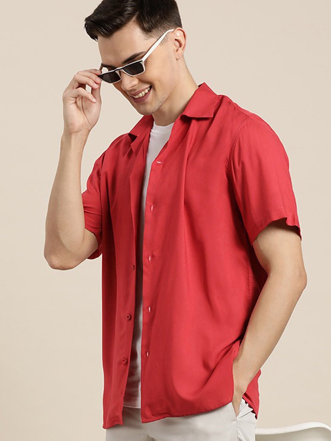 Men Red Solid Viscose Rayon Relaxed Fit Casual Resort Shirt - #folk republic#