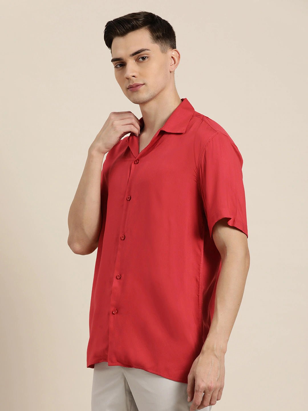 Men Red Solid Viscose Rayon Relaxed Fit Casual Resort Shirt - #folk republic#