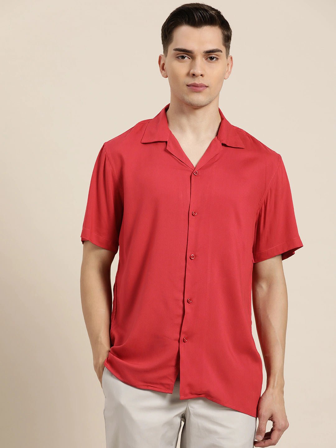 Men Red Solid Viscose Rayon Relaxed Fit Casual Resort Shirt - #folk republic#