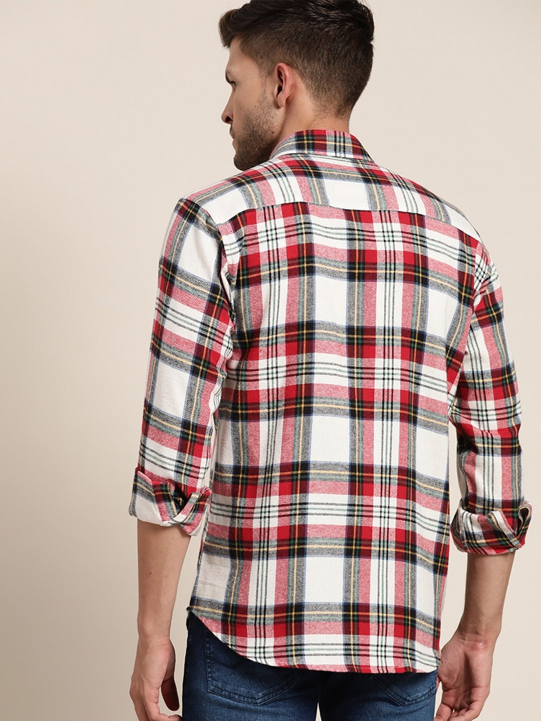 Men Red & White Checked Pure Cotton Slim Fit Casual Shirt - #folk republic#