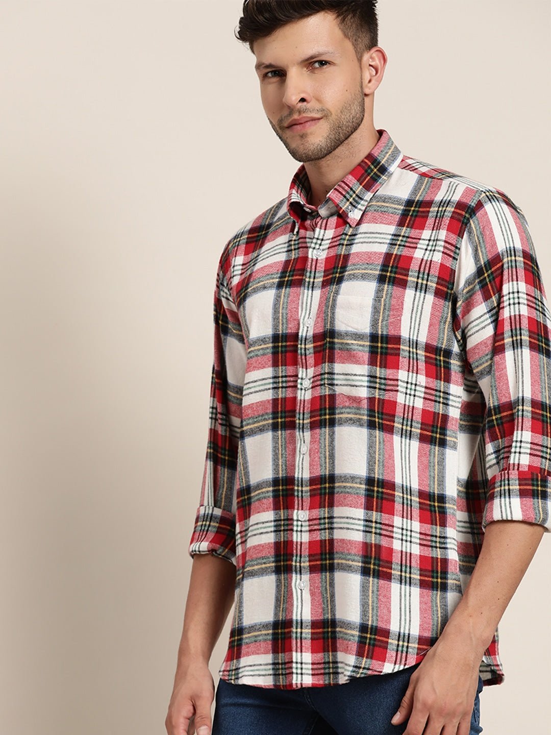 Men Red & White Checked Pure Cotton Slim Fit Casual Shirt - #folk republic#
