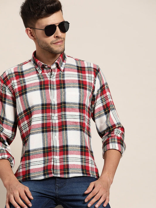 Men Red & White Checked Pure Cotton Slim Fit Casual Shirt - #folk republic#
