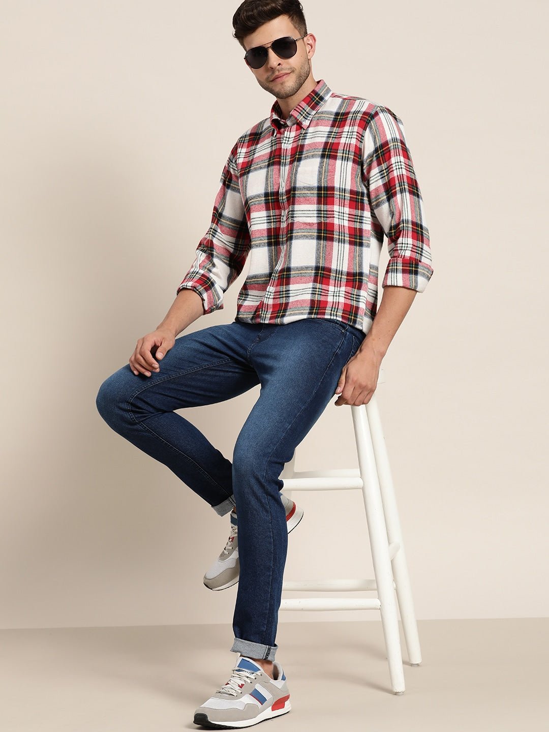 Men Red & White Checked Pure Cotton Slim Fit Casual Shirt - #folk republic#
