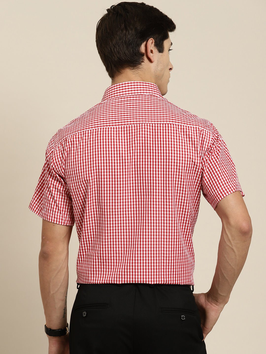 Men Red & White Gingham Check Short Sleeve Slim fit Formal Shirt - #folk republic#