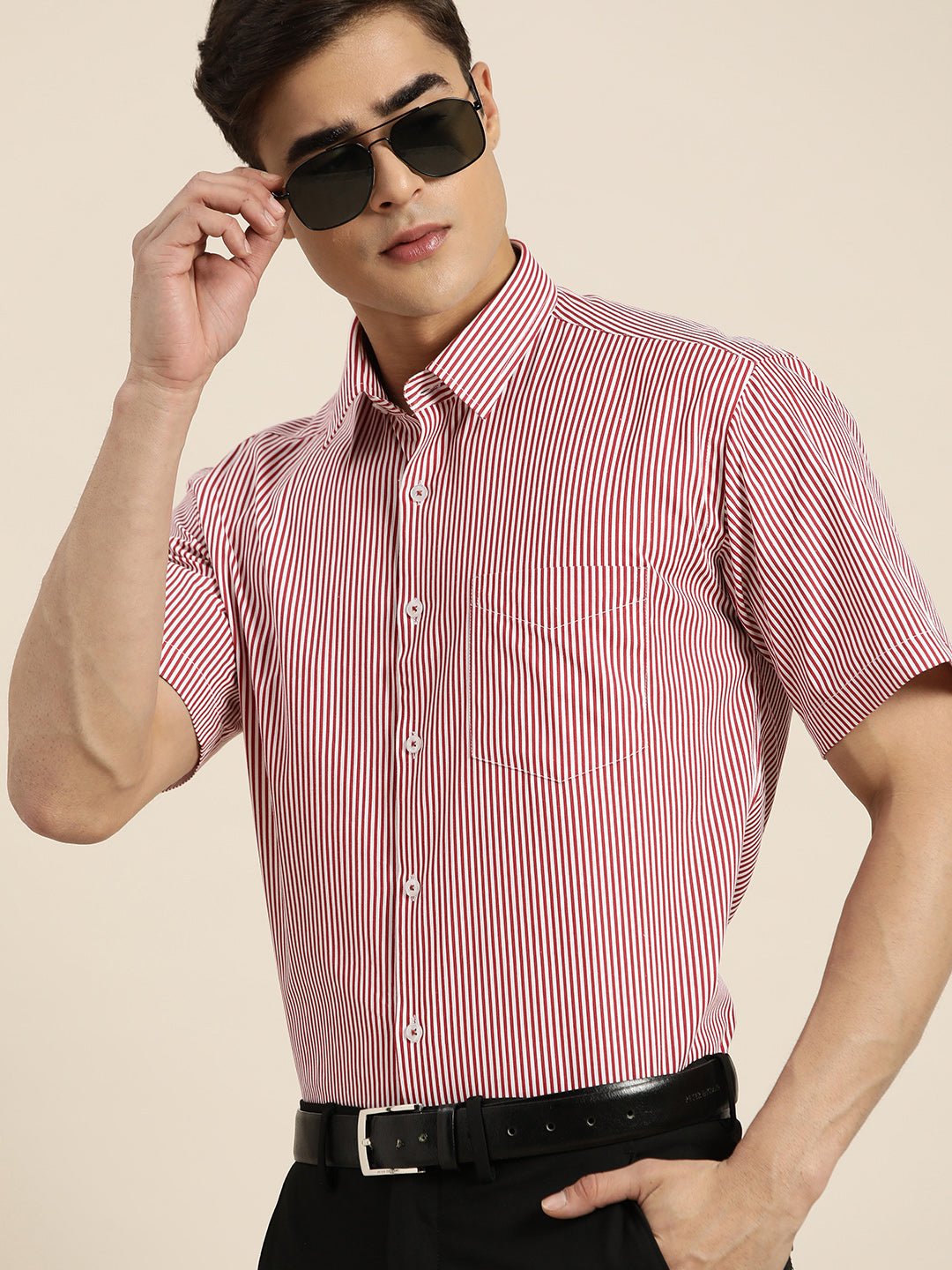 Men Red & White Stripes Pure Cotton Slim fit Formal Shirt - #folk republic#