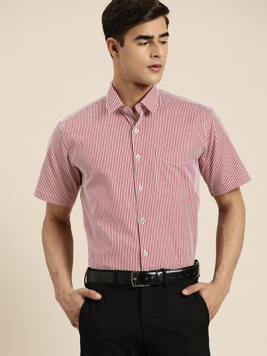 Men Red & White Stripes Pure Cotton Slim fit Formal Shirt - #folk republic#