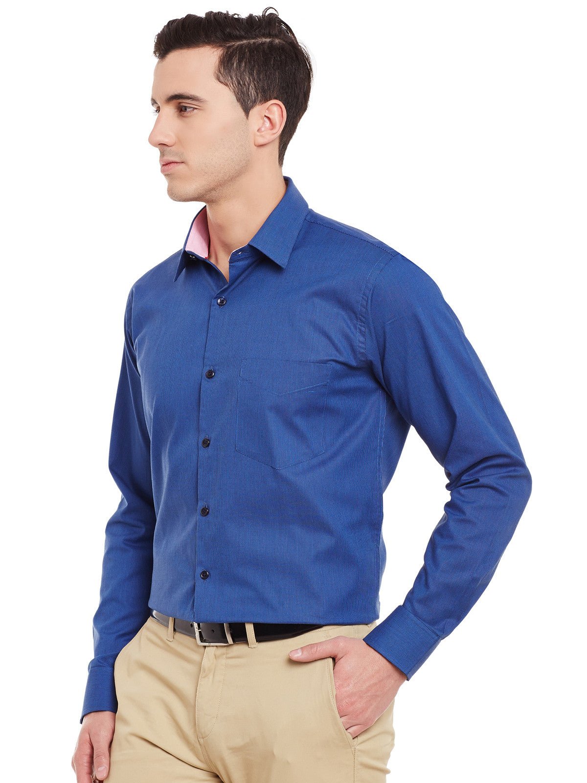Men Royal Blue Self Design Pure Cotton Slim Fit Formal Shirt - #folk republic#