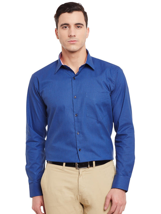 Men Royal Blue Self Design Pure Cotton Slim Fit Formal Shirt - #folk republic#