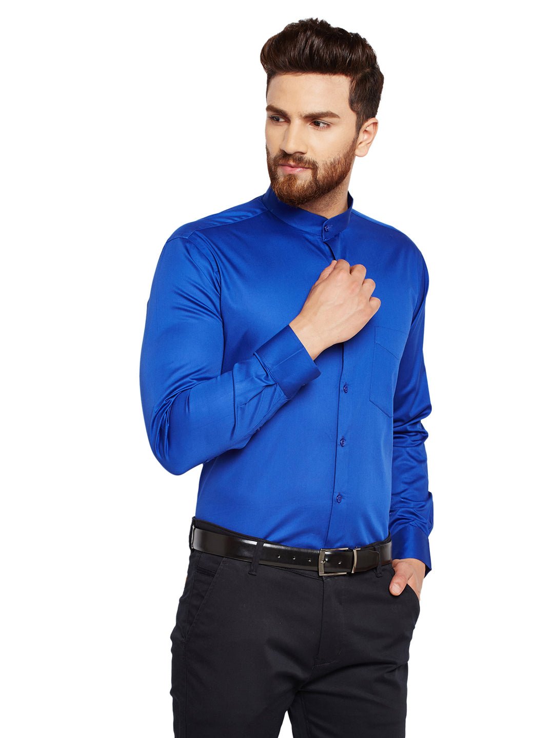 Men Royal Blue Solid Slim Fit Pure Cotton Satin Formal Shirt - #folk republic#