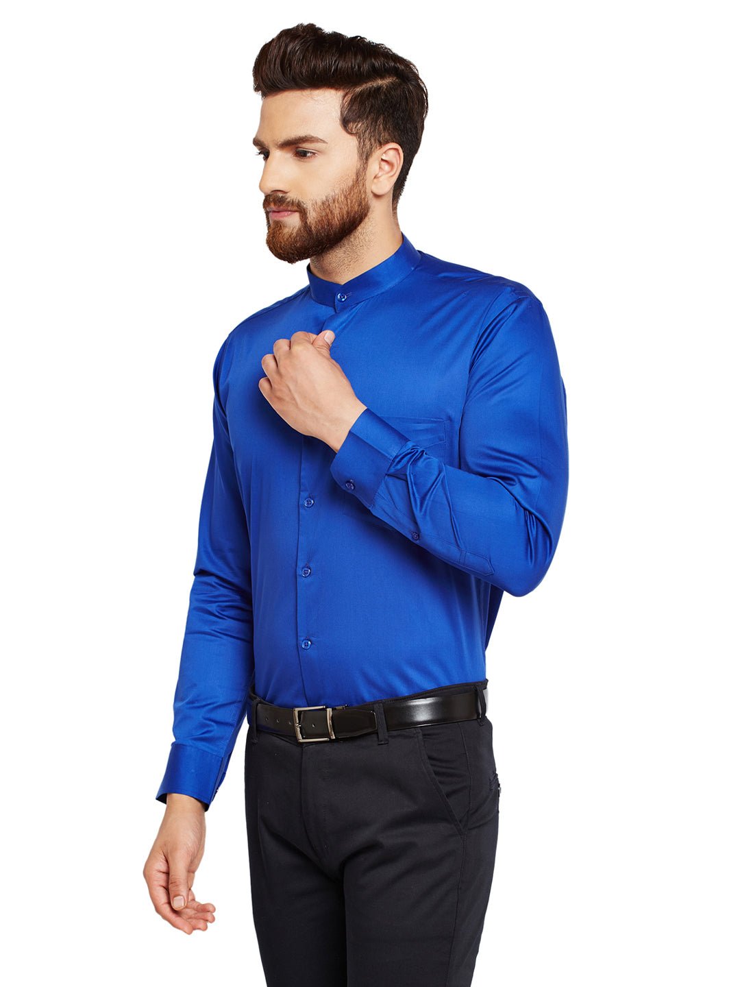 Men Royal Blue Solid Slim Fit Pure Cotton Satin Formal Shirt - #folk republic#