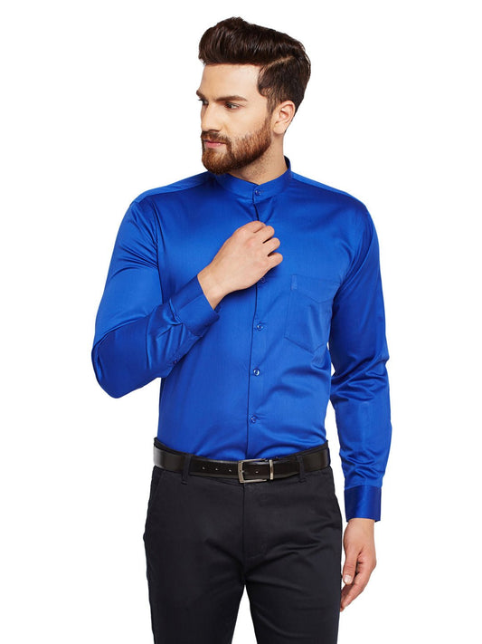 Men Royal Blue Solid Slim Fit Pure Cotton Satin Formal Shirt - #folk republic#