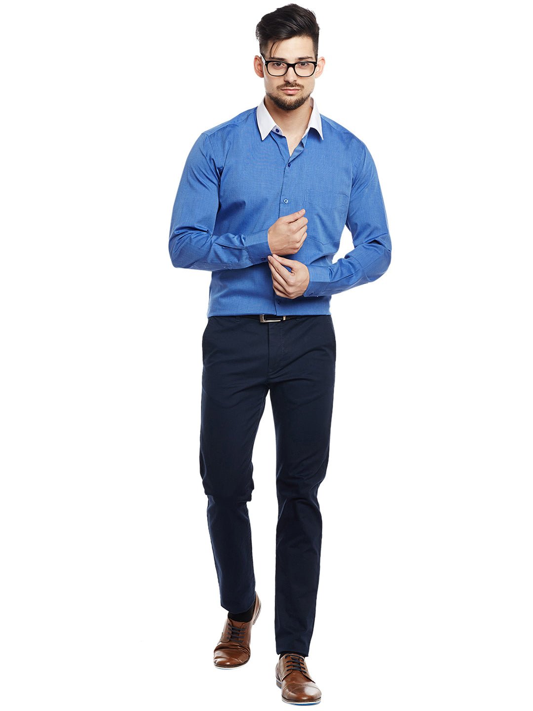 Men Royal Blue & White Solid Pure Cotton Pure Cotton Slim Fit Formal Shirt - #folk republic#
