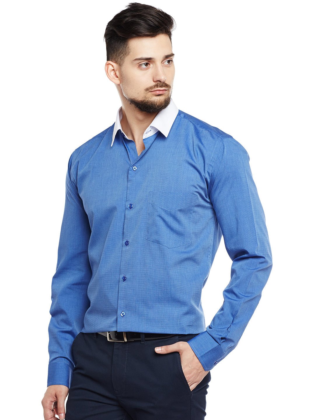 Men Royal Blue & White Solid Pure Cotton Pure Cotton Slim Fit Formal Shirt - #folk republic#