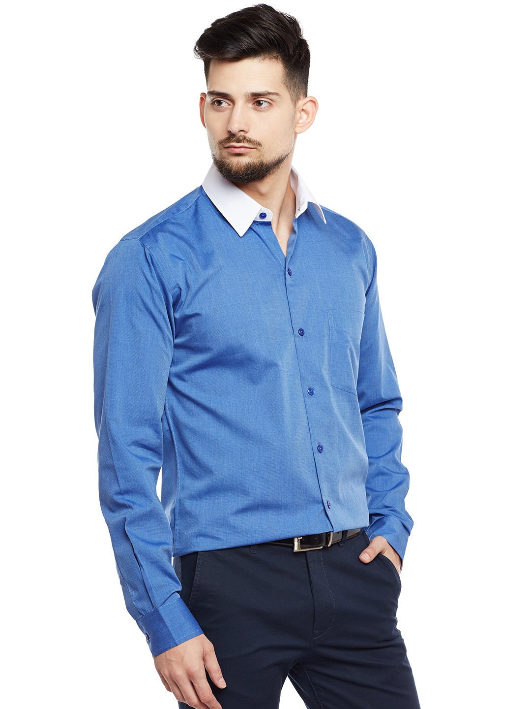 Men Royal Blue & White Solid Pure Cotton Pure Cotton Slim Fit Formal Shirt - #folk republic#